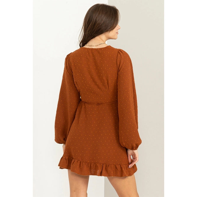 Compelling Love Swiss Dot Side-Tie Mini Dress- Clay