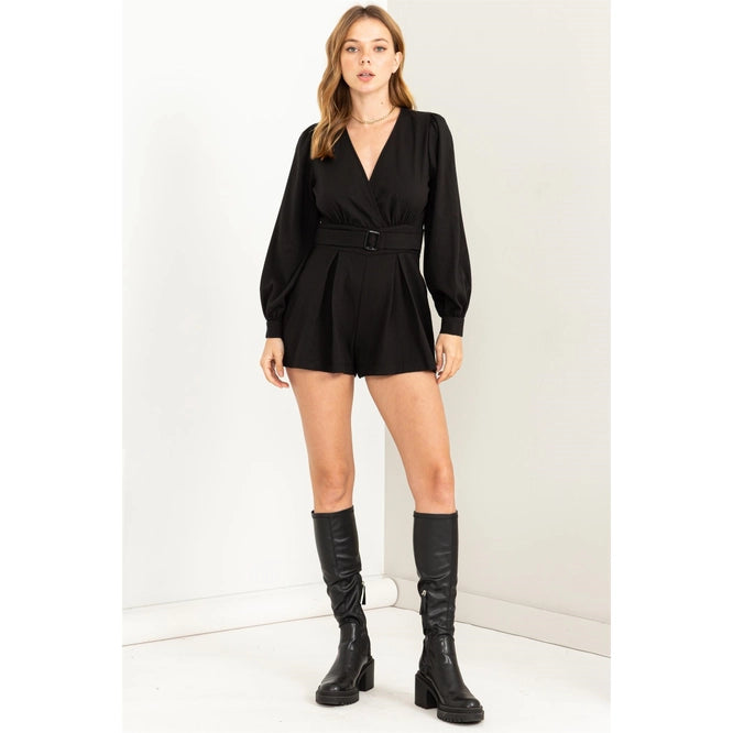 Trend-Worthy Long Sleeve Belted Romper- Black