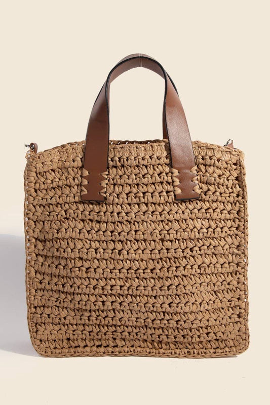 Faux Leather Handle Straw Braided Hand Bag