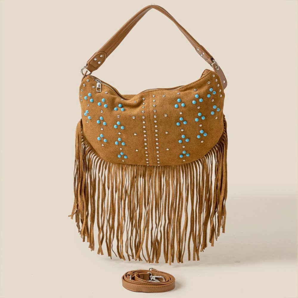 Studded Pattern Multi Fringe Hobo Shoulder Bag