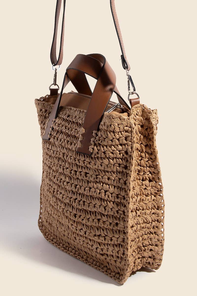 Faux Leather Handle Straw Braided Hand Bag