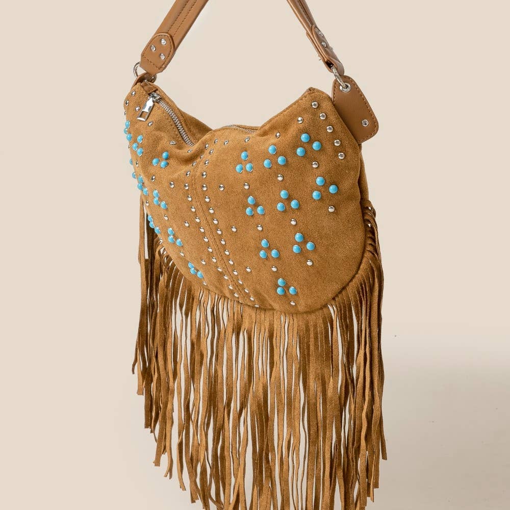 Studded Pattern Multi Fringe Hobo Shoulder Bag
