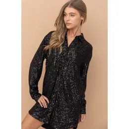 Sequence Button Down Shirt Dress- Black