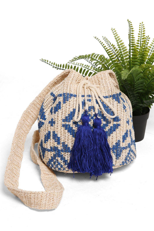 Ariel Tribal Straw Women's Crossbody Bucket Bag