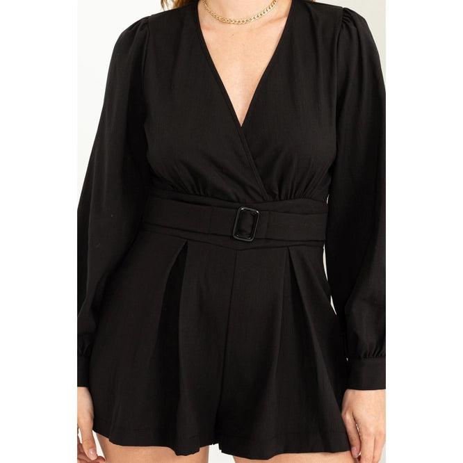Trend-Worthy Long Sleeve Belted Romper- Black