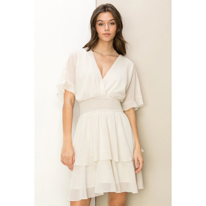 Flirty Days Surplice Mini Dress- Off White