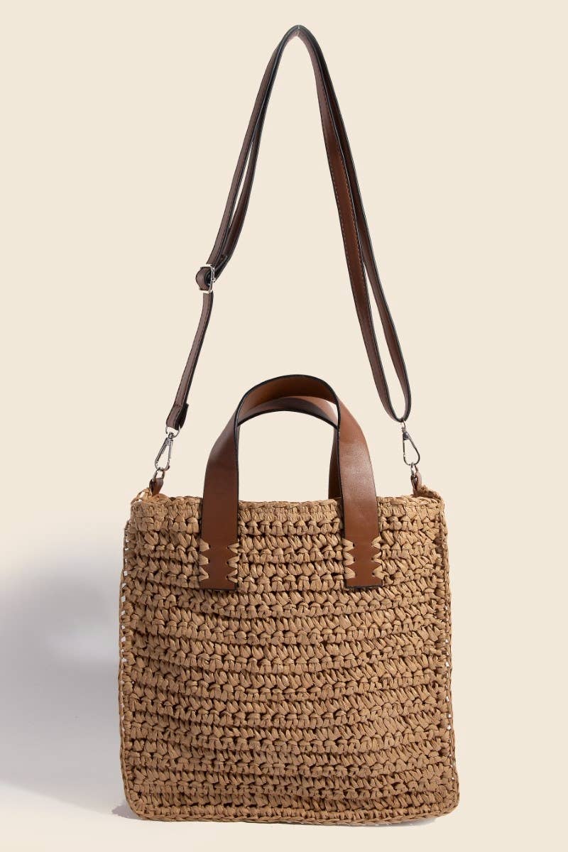 Faux Leather Handle Straw Braided Hand Bag