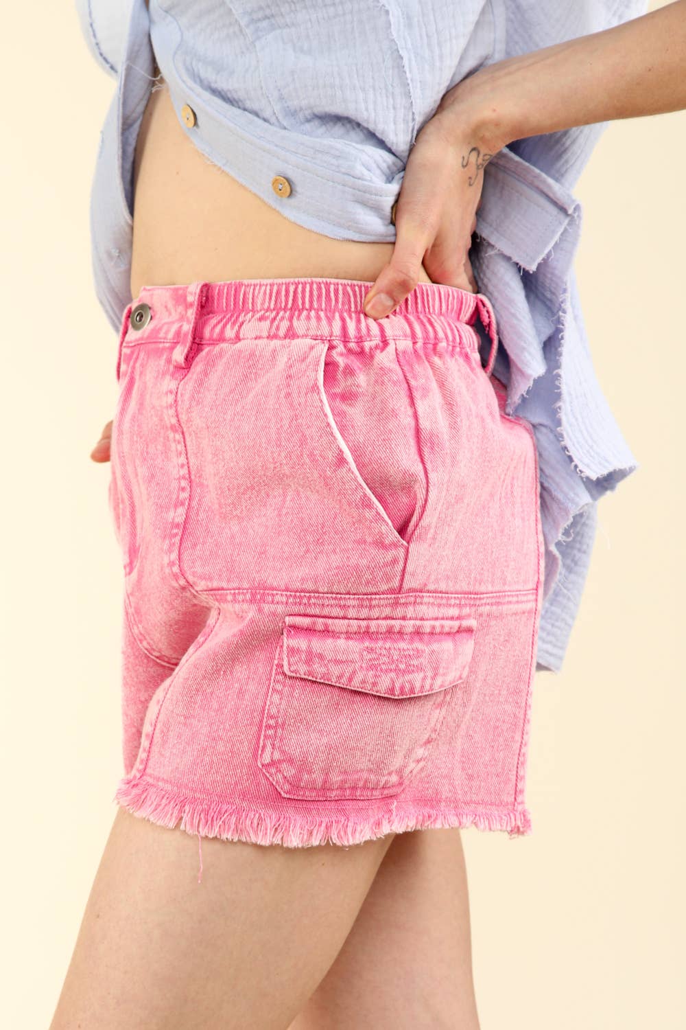 Washed Cotton Twill Washed Denim Cargo Shorts