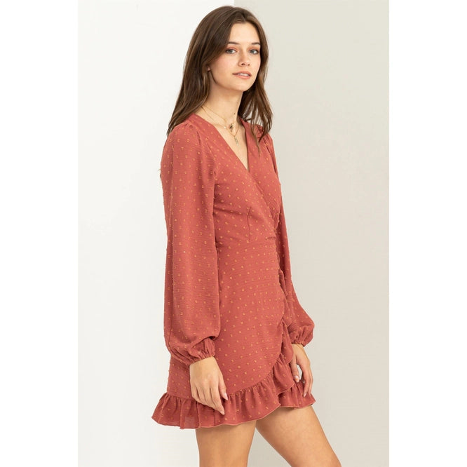 Compelling Love Swiss Dot Side-Tie Mini Dress- Clay