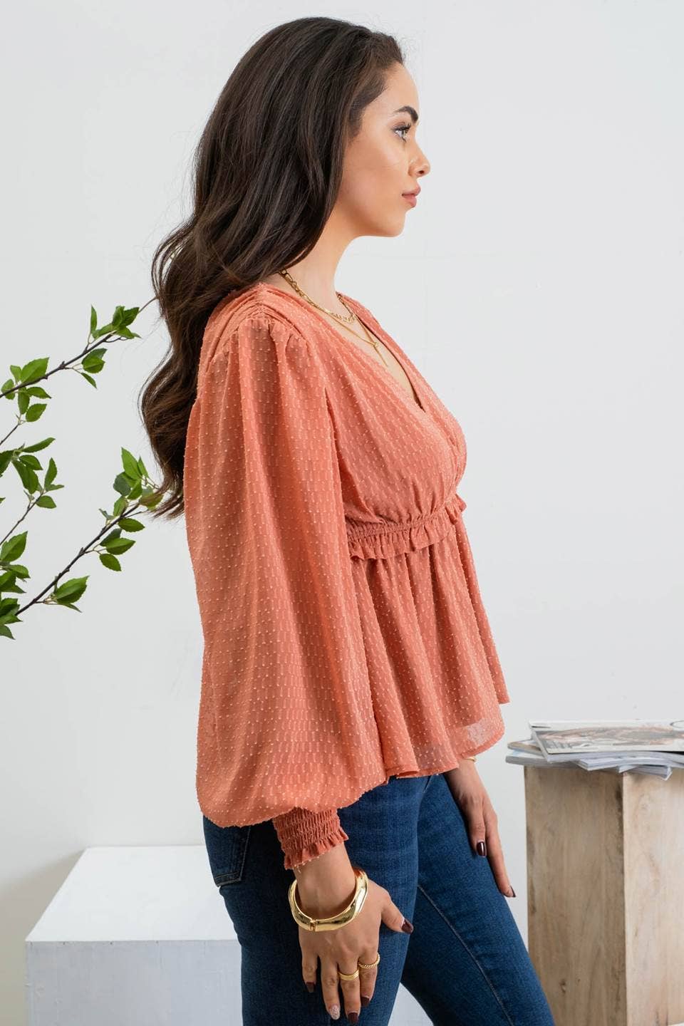 Textured Balloon Sleeve Blouse