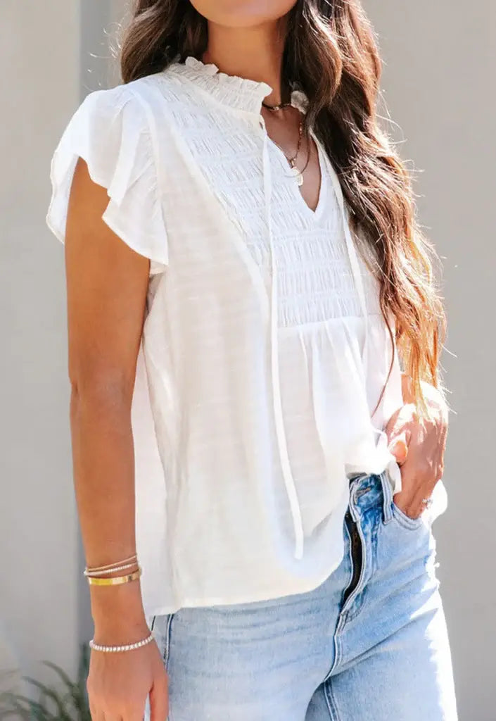 Pleated Flutter Sleeve V Neck Blouse
