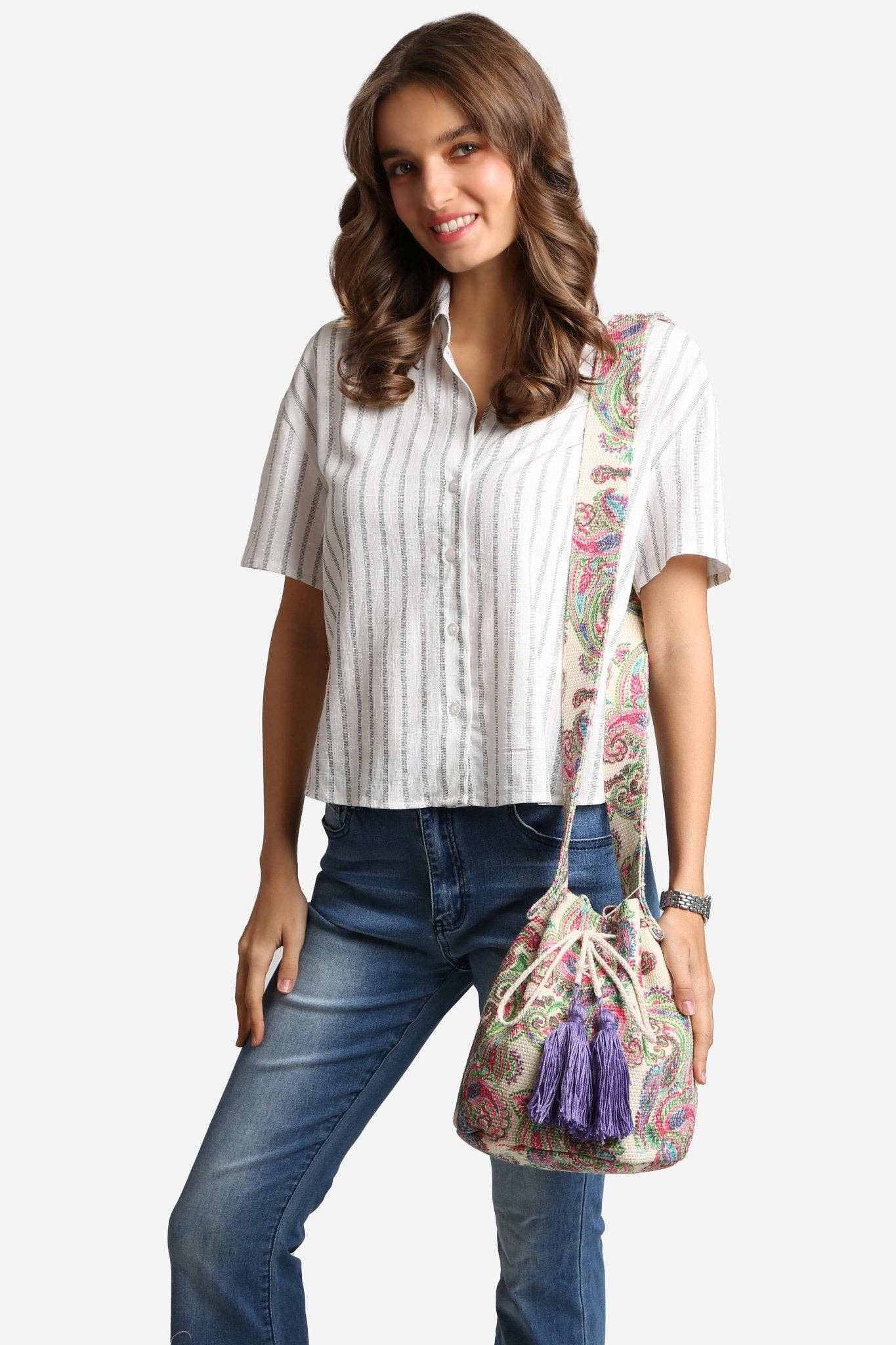 Patterned Crossbody Bucket Bag