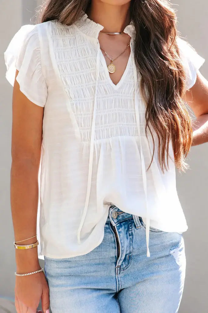 Pleated Flutter Sleeve V Neck Blouse