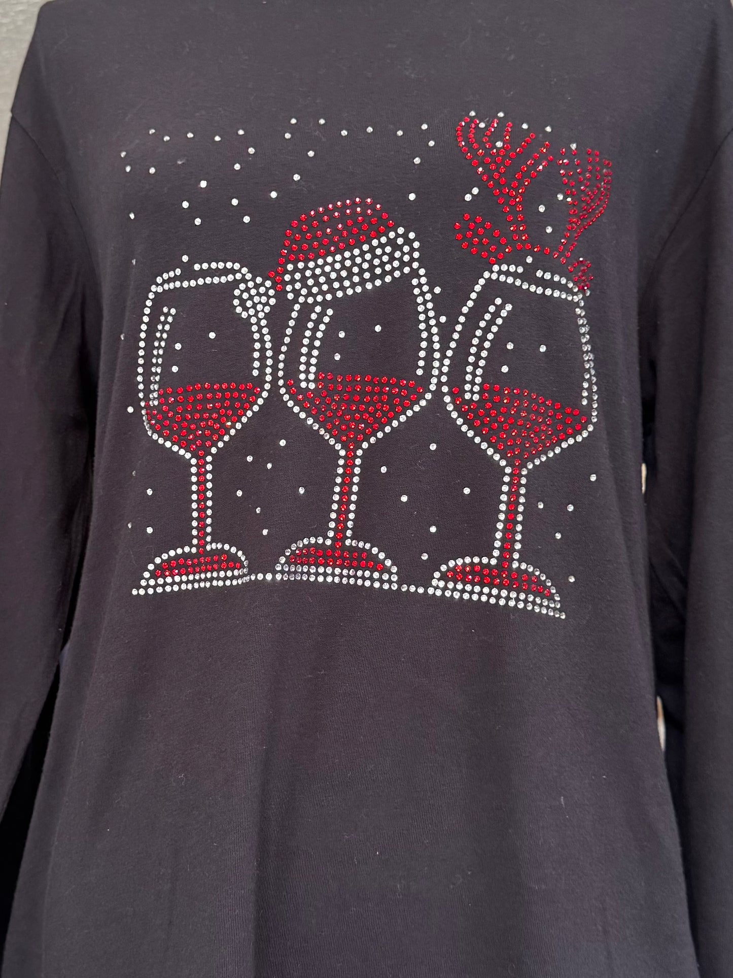 Rhinestone Wine Glass Christmas Long Sleeve Christmas T-shirt