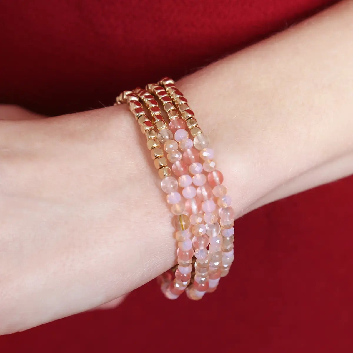 Brass & Stone Beaded Bracelets- Pink