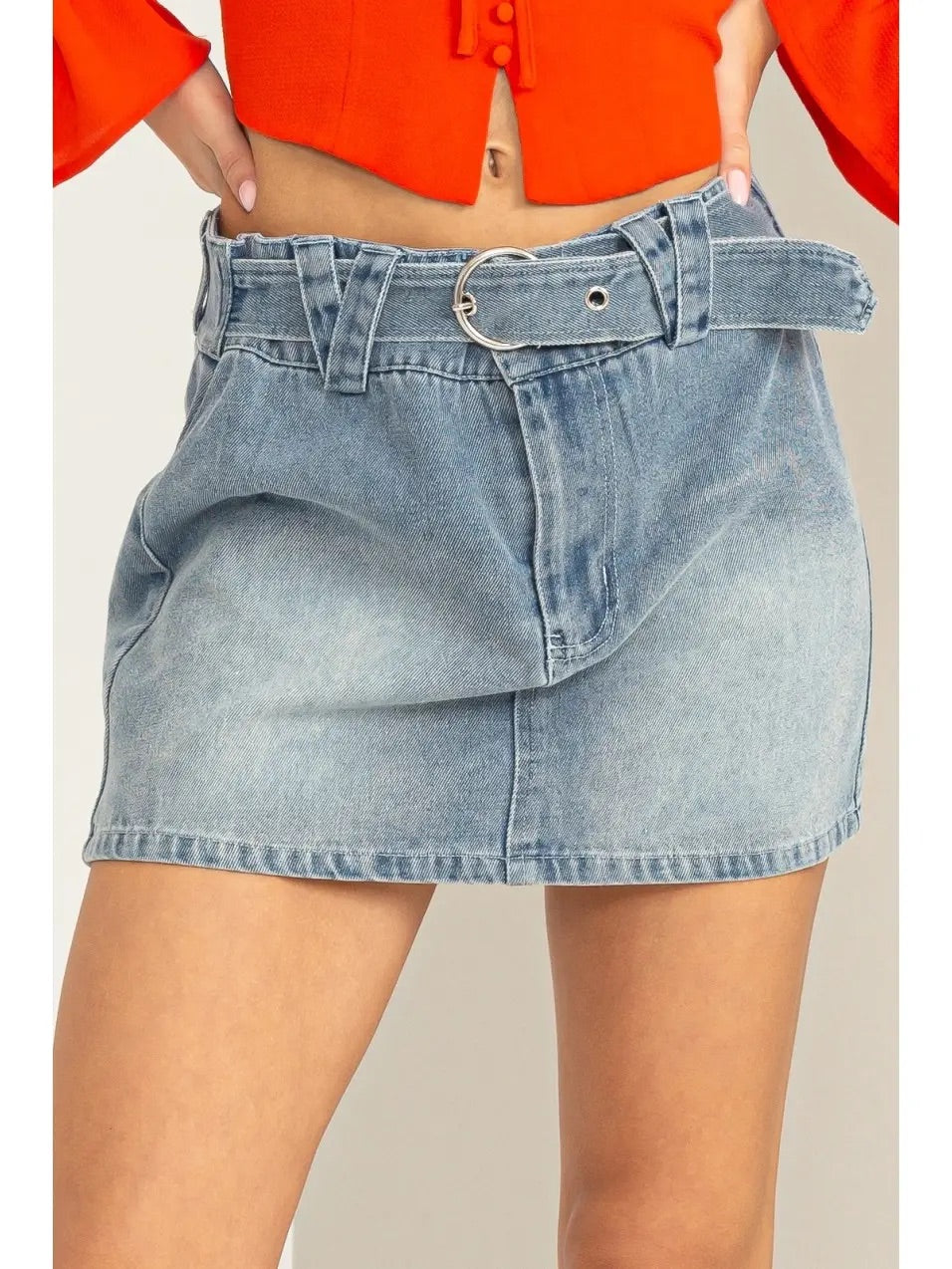 Day To Myself O-ring Belted Denim Mini Skirt