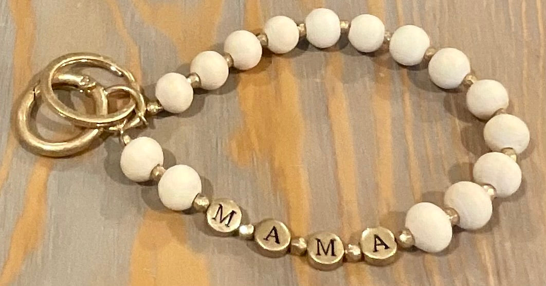 Mama Wood Bead Key Ring Bracelet- Ivory