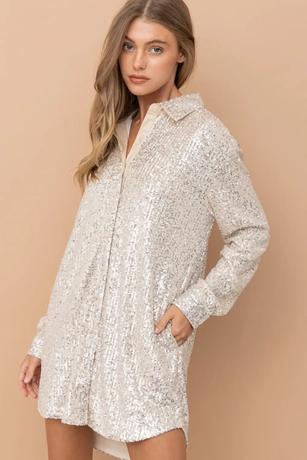 Sequence Button Down Shirt Dress- Champagne