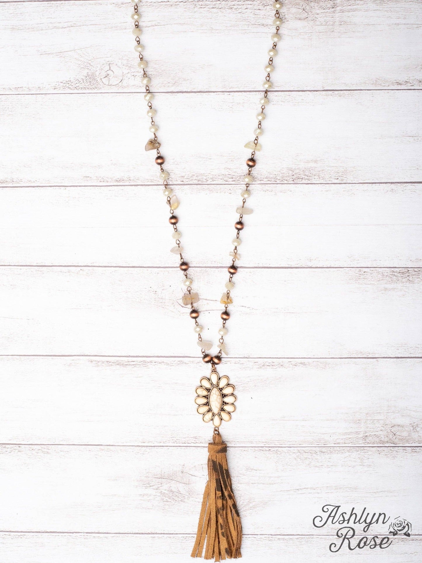 DIB'S ON THE COWBOY COPPER CREAM SQUASH BLOSSOM LEOPARD TASSEL PENDANT ON A NAVAJO MIXED BEAD NECKLACE