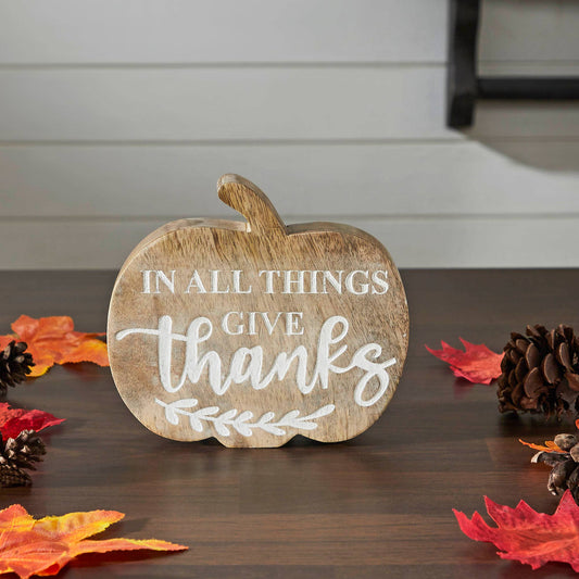 In All Things Give Thanks Pumpkin Shaped Wood Decor