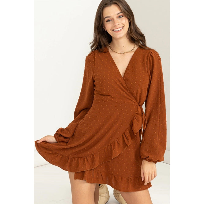 Compelling Love Swiss Dot Side-Tie Mini Dress- Clay