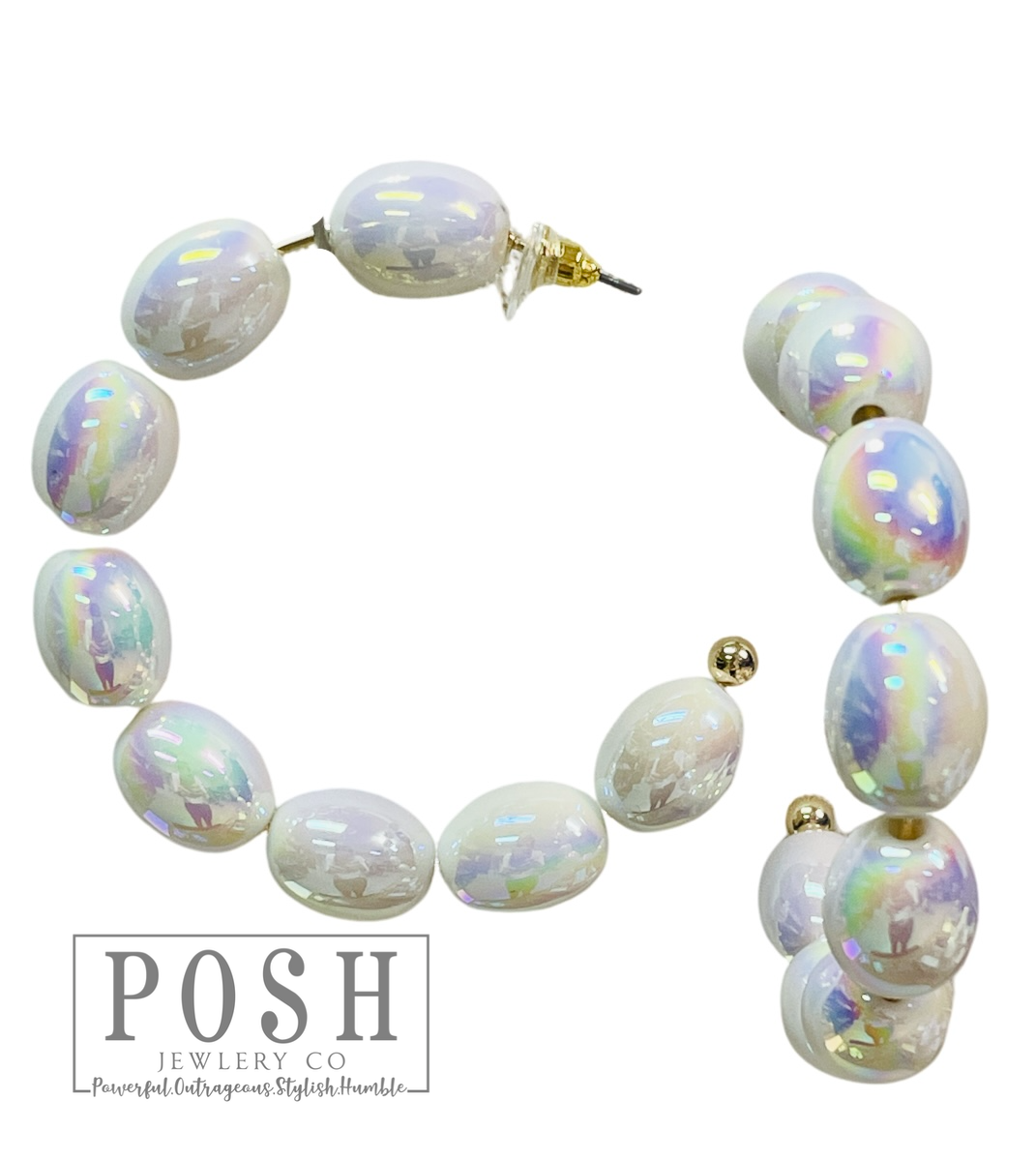 Oval Iridescent Bead Hoop Earrings.