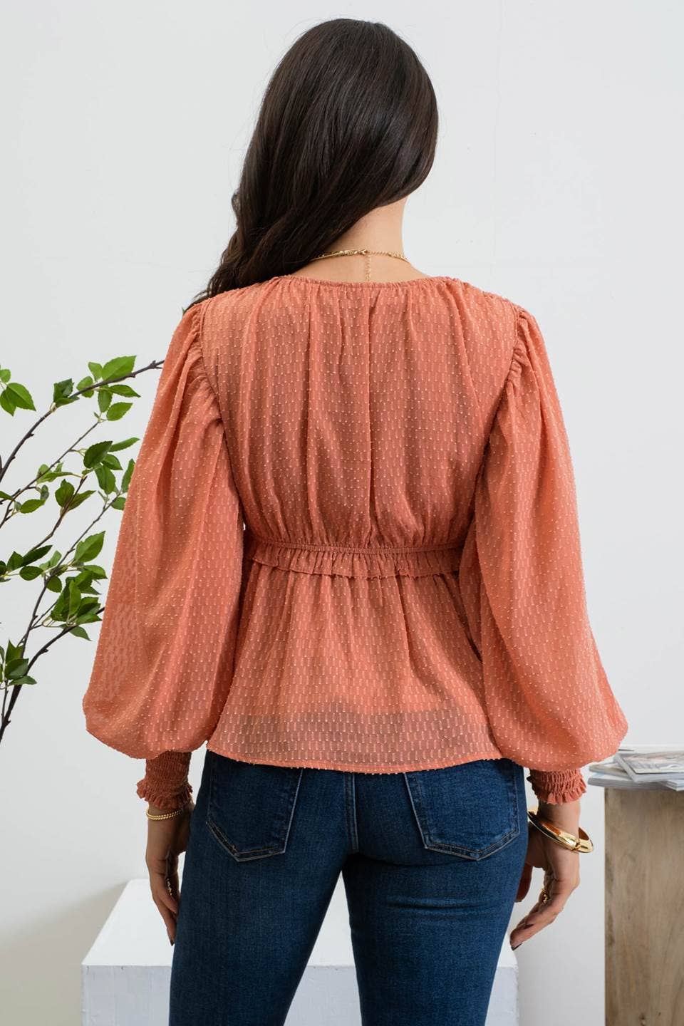 Textured Balloon Sleeve Blouse
