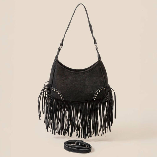 Faux Suede Fringe Belt Decor Shoulder Bag