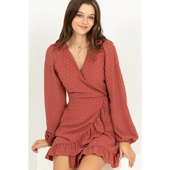 Compelling Love Swiss Dot Side-Tie Mini Dress- Clay