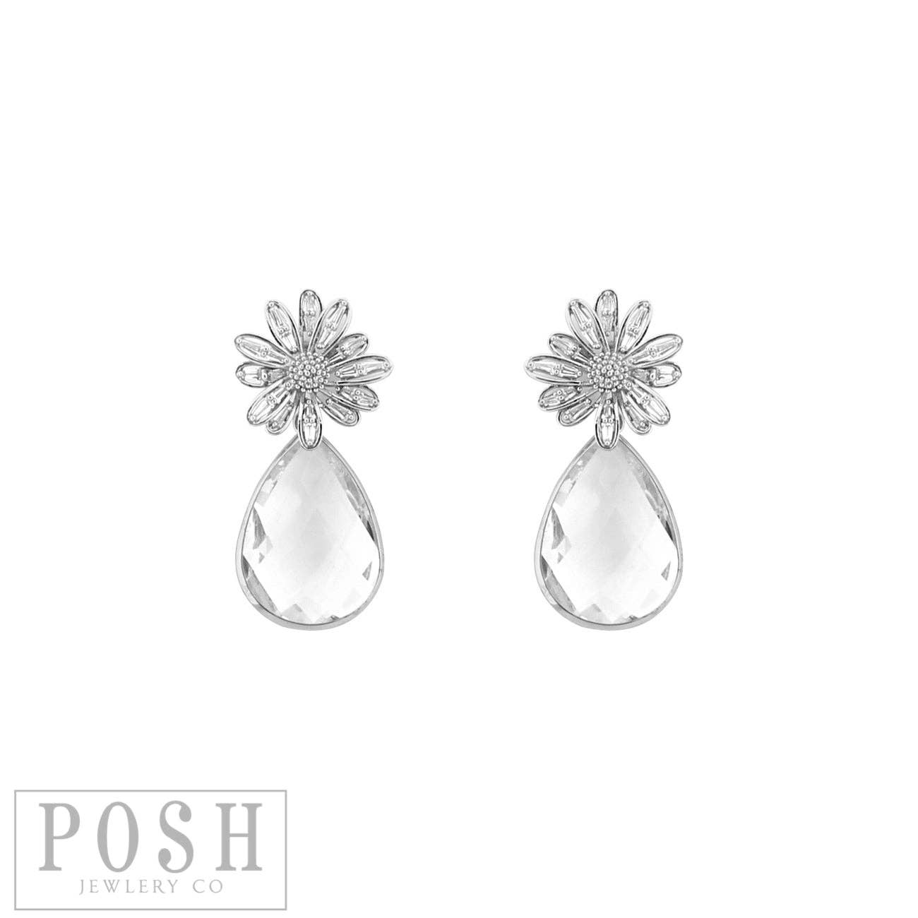 Silver Flower Teardrop Earrings