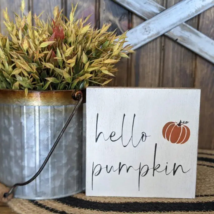 Hello Pumpkin Rustic Wood Shelf Sitter