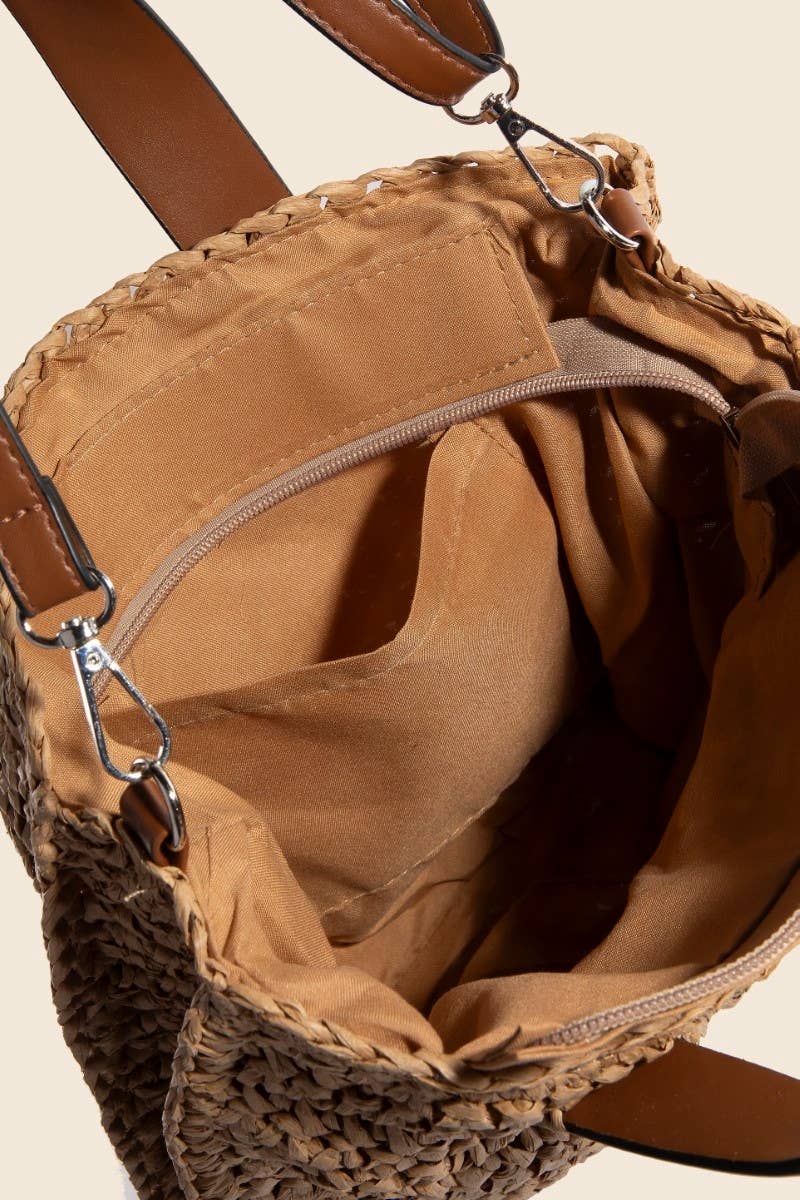 Faux Leather Handle Straw Braided Hand Bag
