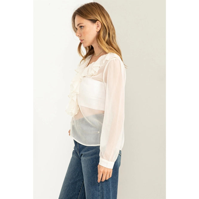Ruffle Long Sleeve Blouse- Off White