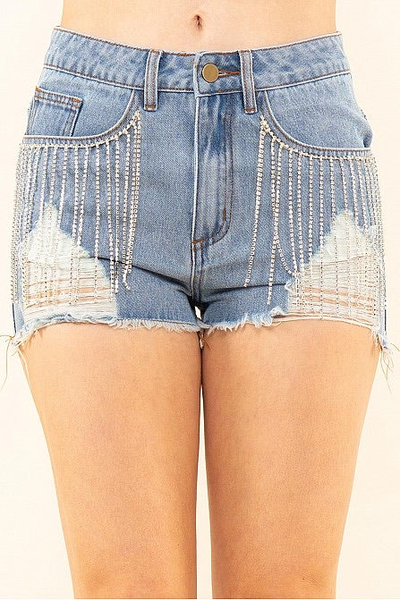 Jewel Fringe Denim Shorts- Blue