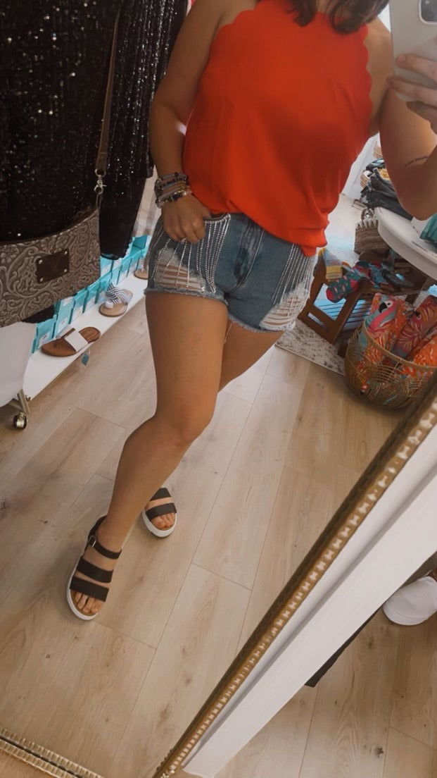 Jewel Fringe Denim Shorts- Blue