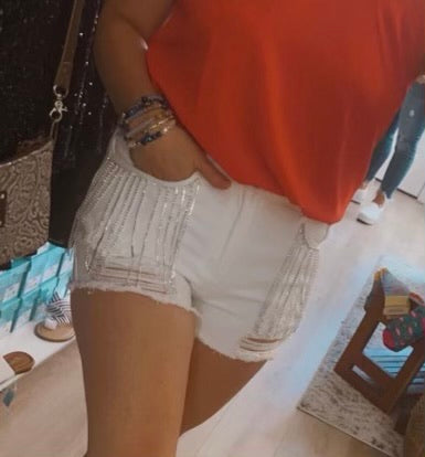 Jewel Fringe Denim Shorts- White