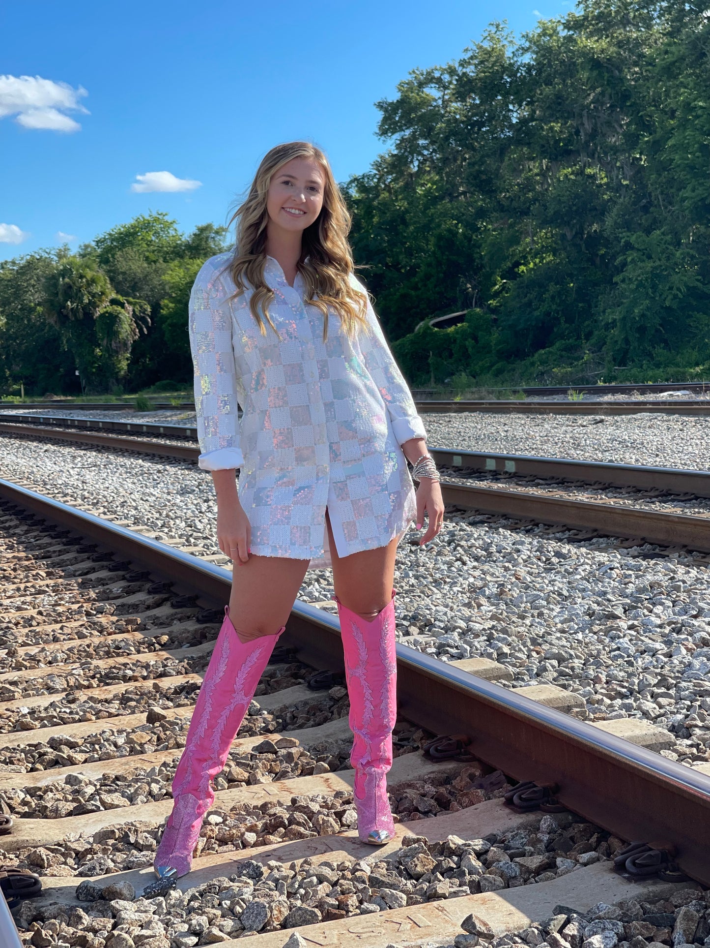 Sequence Button Down Shirt Dress- White