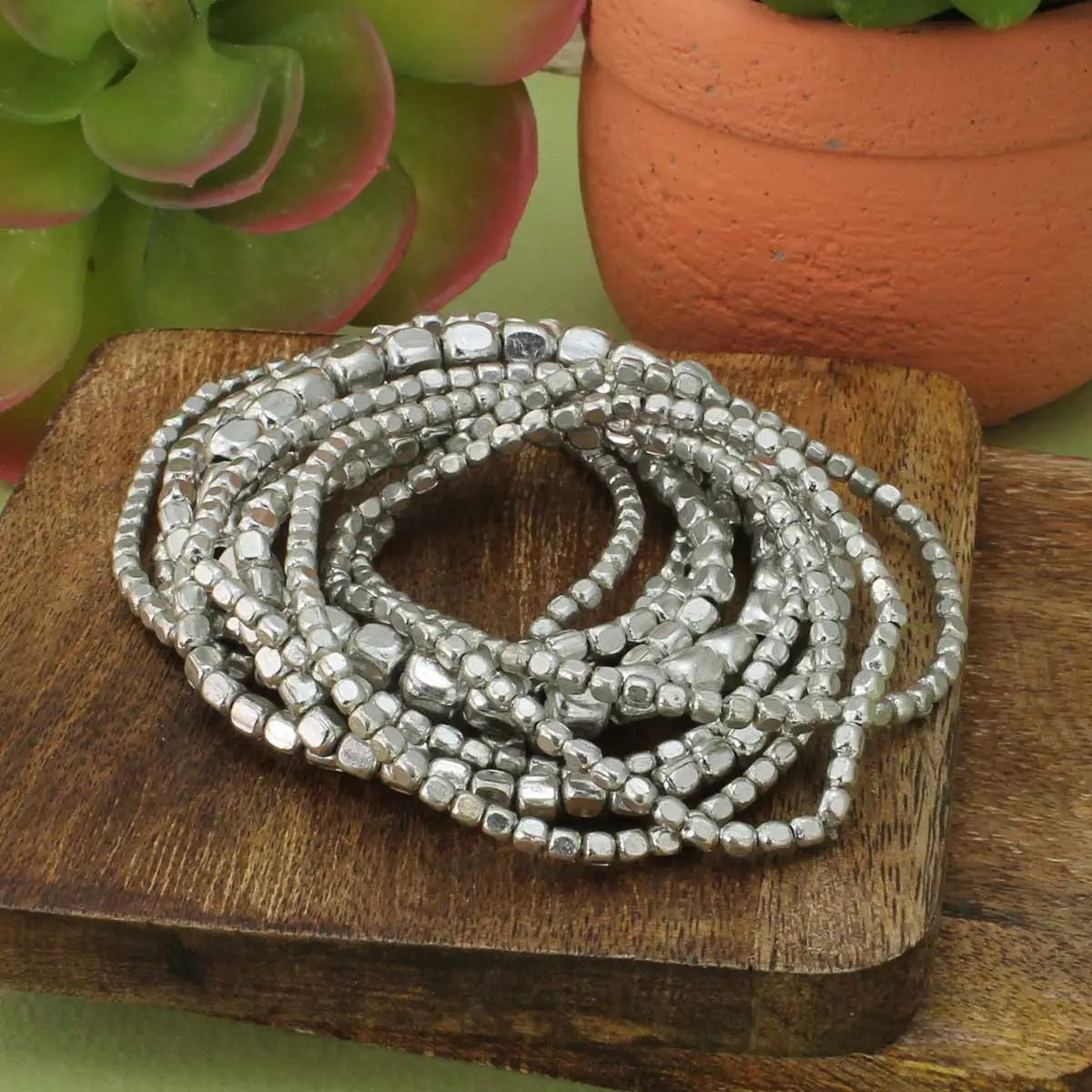 Silver Bead Stretch Bracelets Set