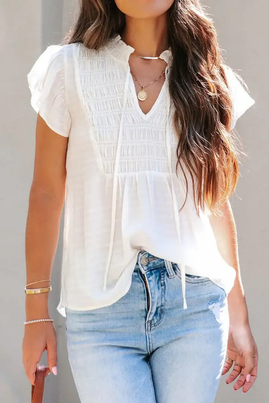 Pleated Flutter Sleeve V Neck Blouse