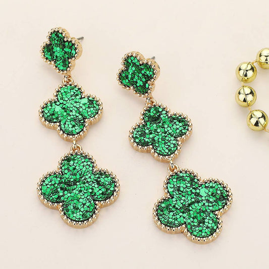 Triple Glittered St Patrick's Quatrefoil Link Earrings