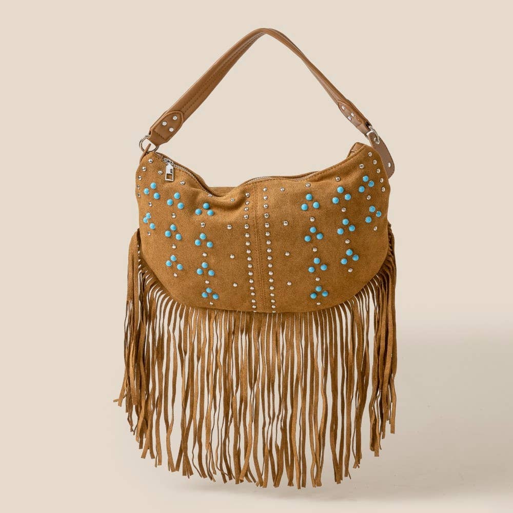 Studded Pattern Multi Fringe Hobo Shoulder Bag