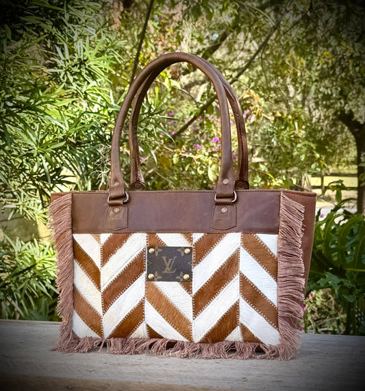 Upcycled LV Cowhide Leather Canvas Tote Shoulder Bag