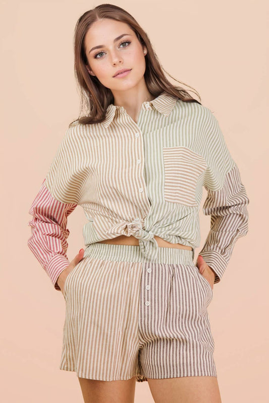 Stripe Color Block Shirt Top & Shorts Set