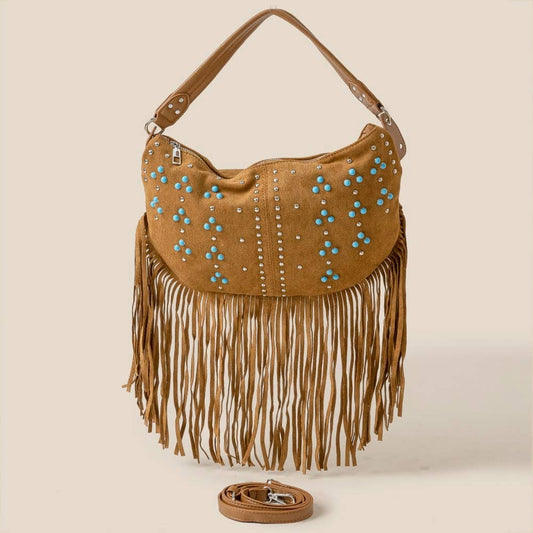 Studded Pattern Multi Fringe Hobo Shoulder Bag