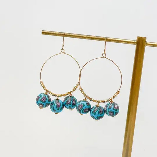 Floral Polymer Clay Beaded Dangle Earrings: Blue