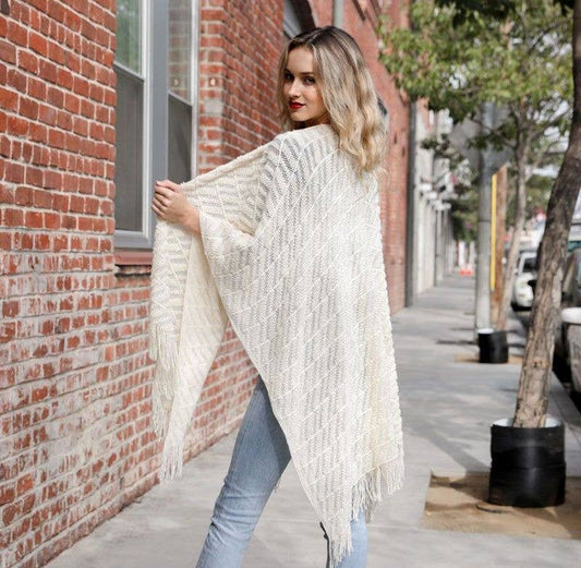 Soft Diagonal Knit Tassel Trim Ruana