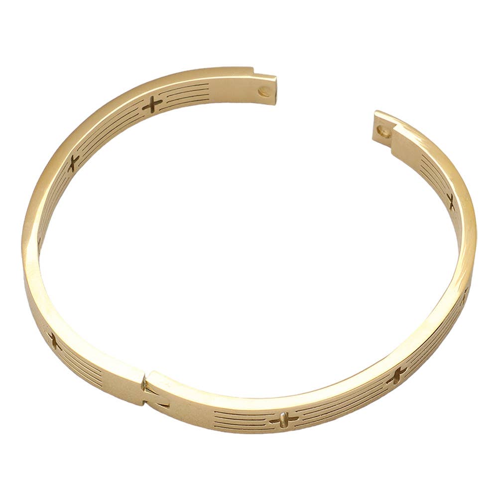 Stainless Steel Cross Cutout Hinged Bangle Bracelet