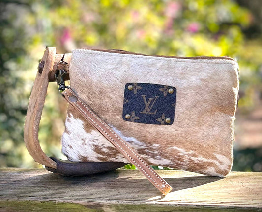 Upcycled LV Cowhide Leather Wristlet Cosmetic Pouch Western