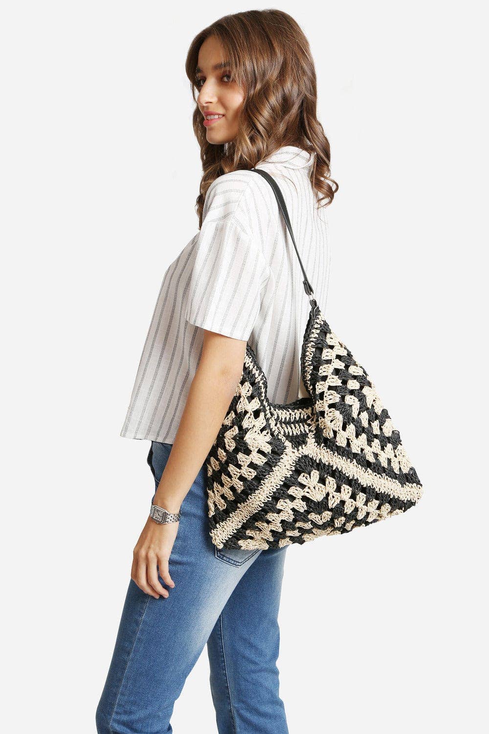 Bianca Patterned Straw Hobo Tote Bag