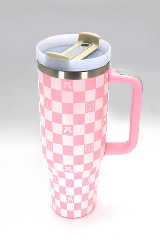 40oz STAINLESS STEEL TUMBLER PINK BOWS/CHECKERBOARD